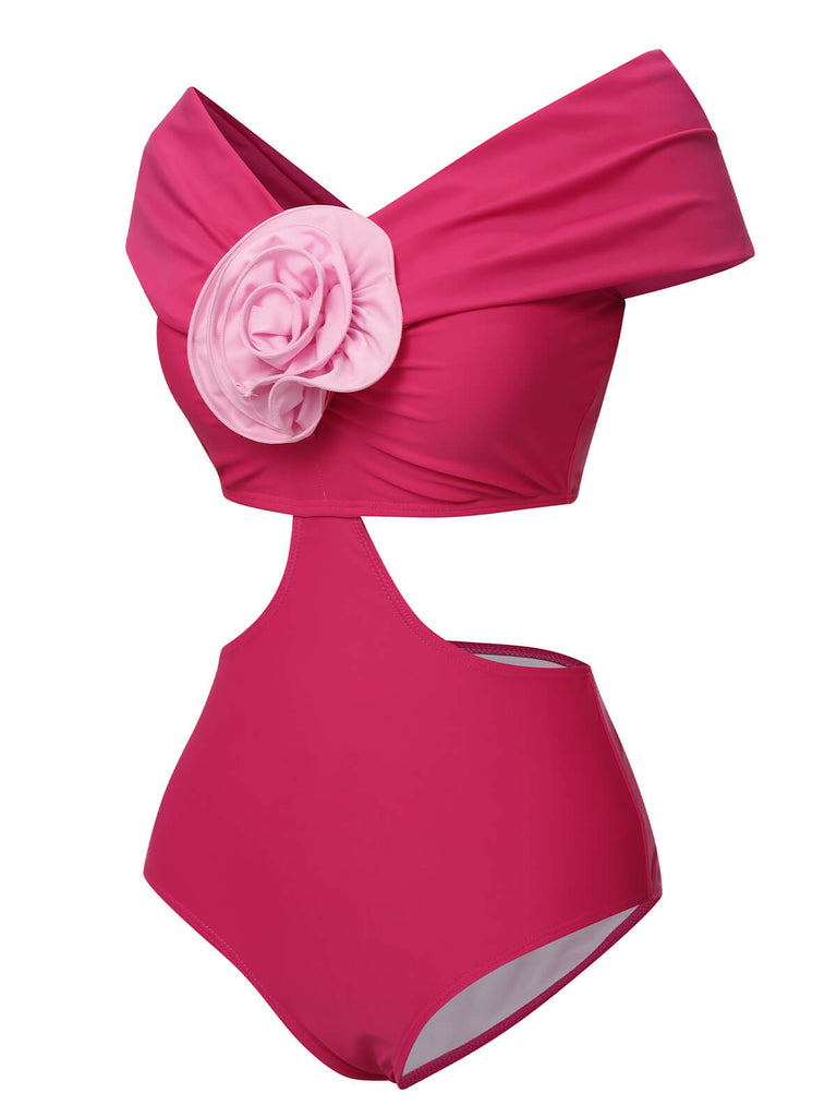 Rosenrot 1930er 3D-Rose Schulterfreier Badeanzug