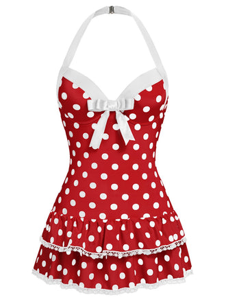 Rot 1940er Halter Polka Dots Schleife Einteiliger Badeanzug
