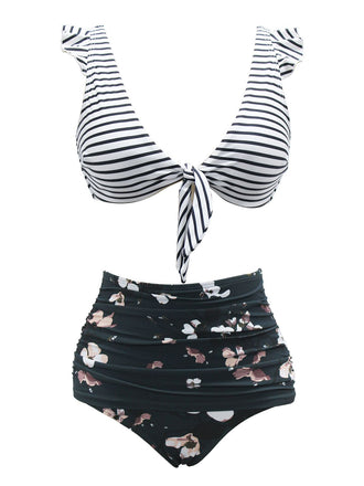 1970er Gurt Streifen Blumen Badeanzug