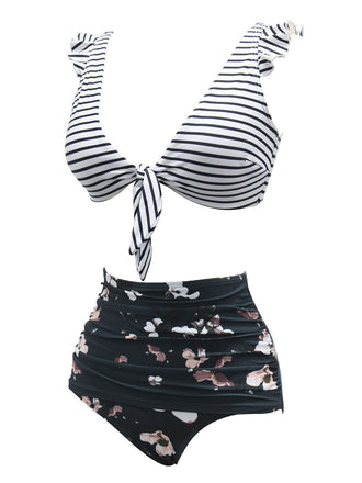 1970er Gurt Streifen Blumen Badeanzug