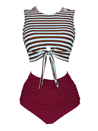 Blau & Rot 1970er Streifen Taille Binden Patchwork Badeanzug