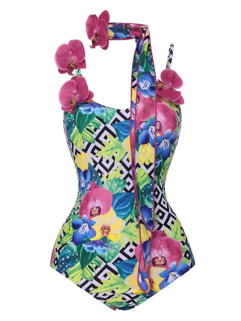 [Größentabelle] Multicolor 1950er Halter Artificial Blume Badeanzug
