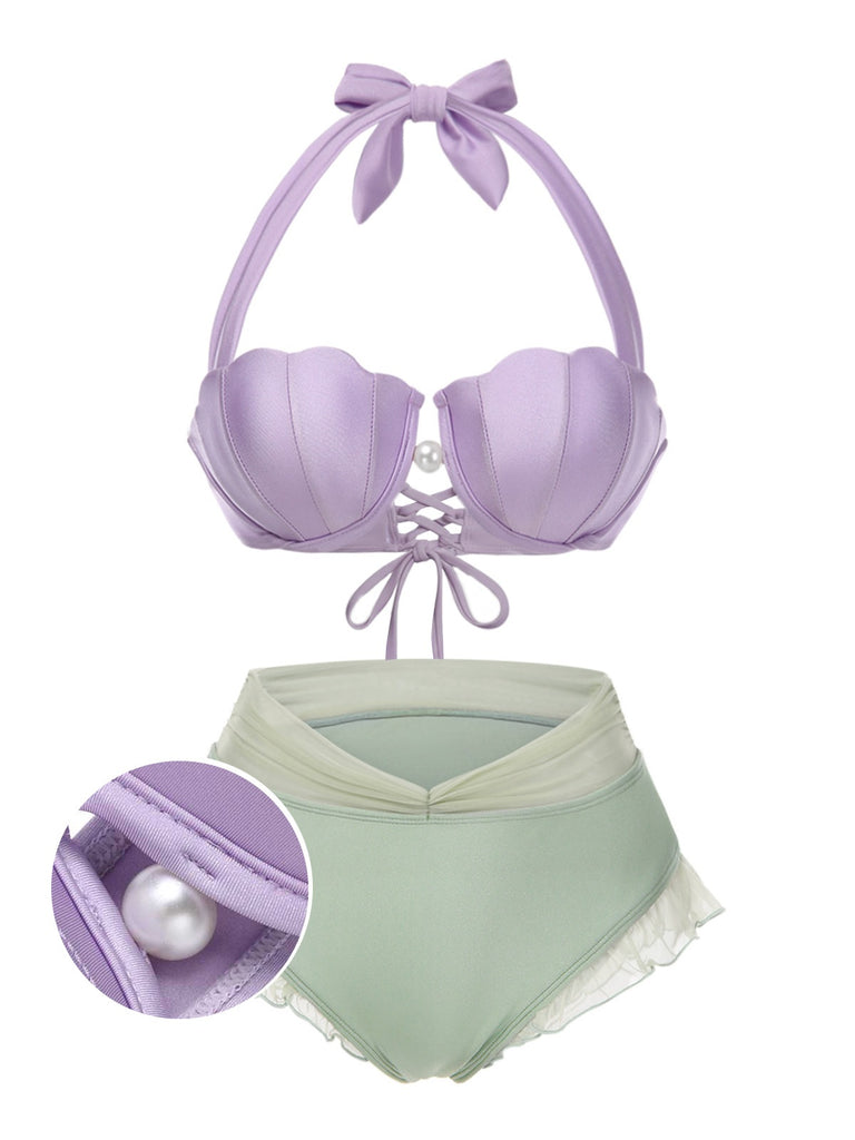 Lavendel 1970er Meerjungfrau Hülse Halter Bikini Set