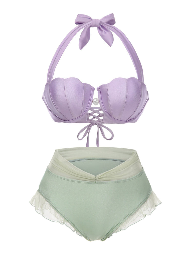 Lavendel 1970er Meerjungfrau Hülse Halter Bikini Set
