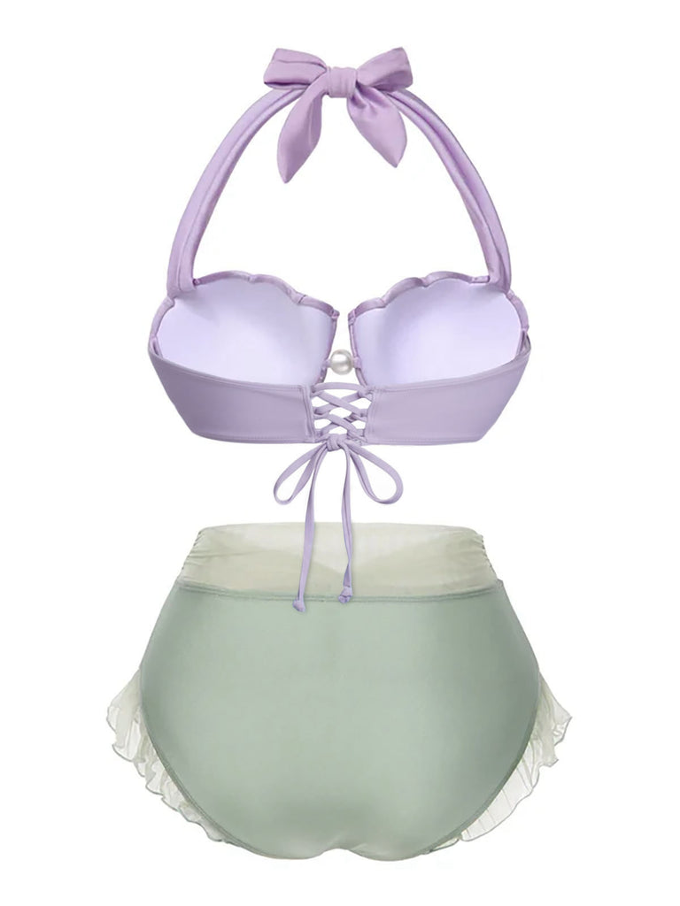 Lavendel 1970er Meerjungfrau Hülse Halter Bikini Set