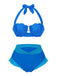 Blau 1970er Meerjungfrau Hülse Halter Bikini Set