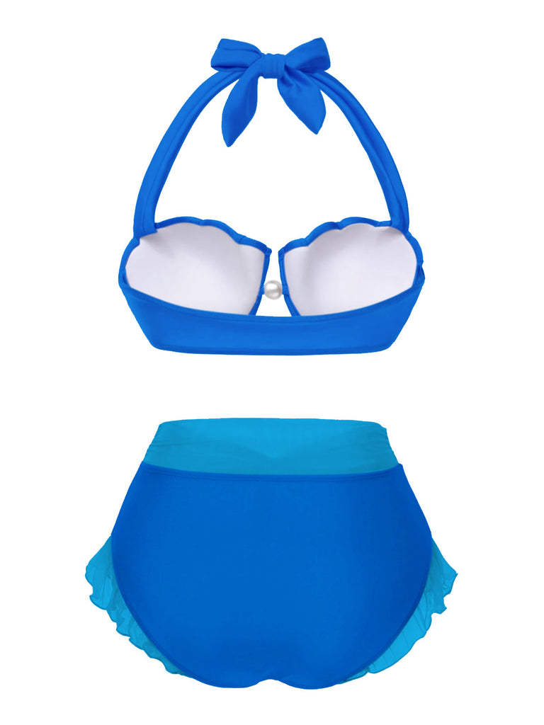 Blau 1970er Meerjungfrau Hülse Halter Bikini Set