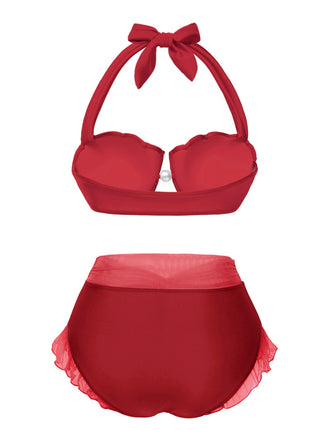 Rot 1970er Meerjungfrau Hülse Halter Bikini Set