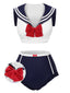 Dunkelblau 1970er Sailor Kragen Bogen Badeanzug