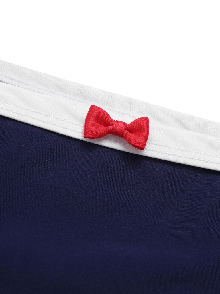 Dunkelblau 1970er Sailor Kragen Bogen Badeanzug