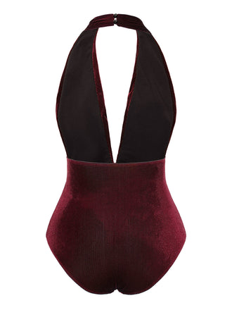 Weinrot 1970er Samt Tief V-Ausschnitt Badeanzug