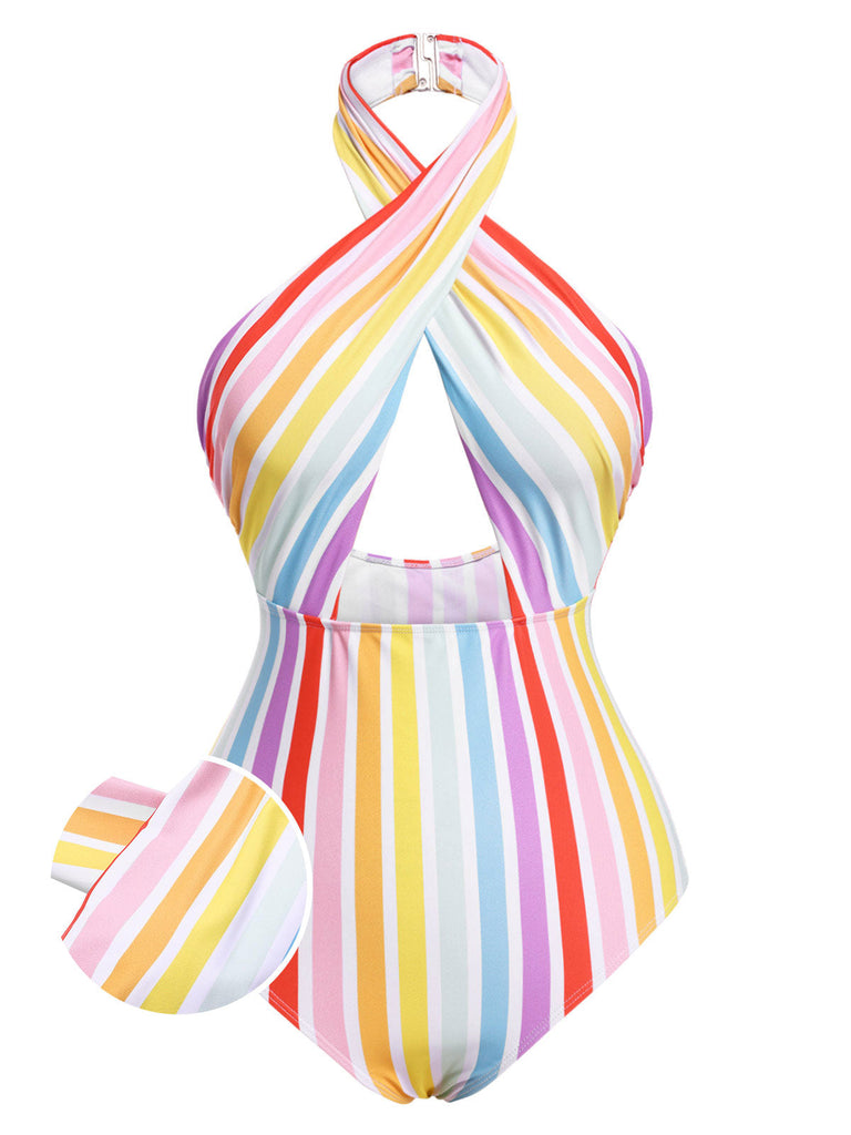 Multicolor 1960er Regenbogen Streifen Halter Badeanzug