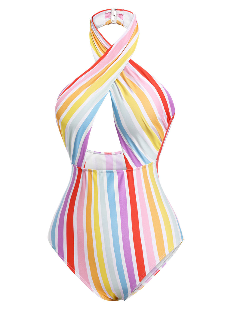 Multicolor 1960er Regenbogen Streifen Halter Badeanzug
