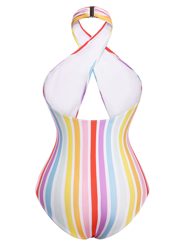 Multicolor 1960er Regenbogen Streifen Halter Badeanzug