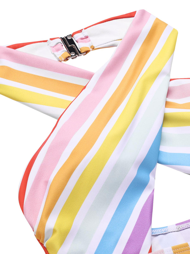 Multicolor 1960er Regenbogen Streifen Halter Badeanzug
