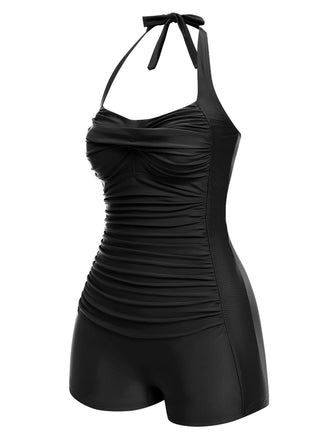 Schwarz 1950er Solide Halter Boxer Einteiliger Badeanzug