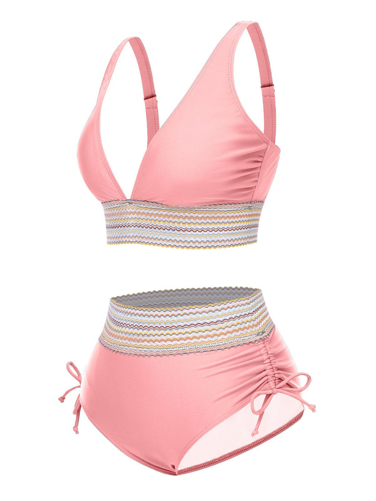 1970er V-Ausschnitt Patchwork Hohe-Taille Bikini