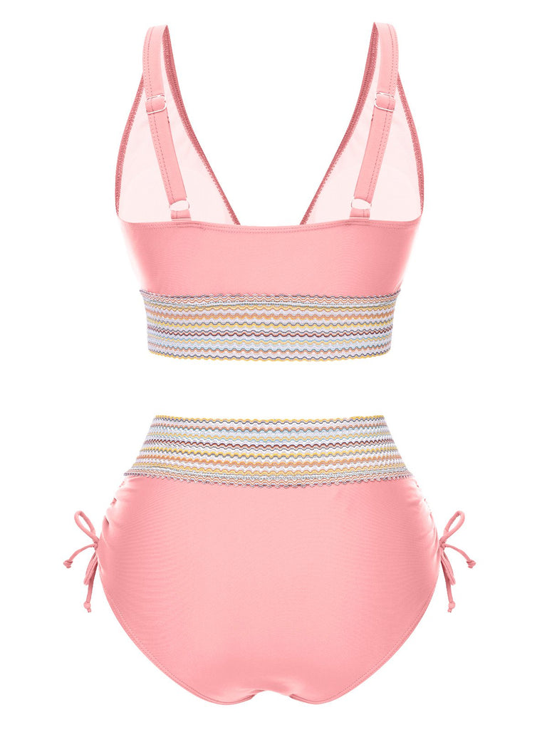 1970er V-Ausschnitt Patchwork Hohe-Taille Bikini
