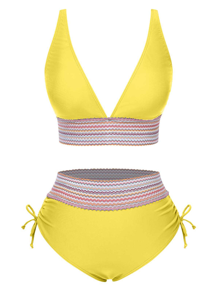 1970er V-Ausschnitt Patchwork Hohe-Taille Bikini