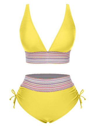 Gelb 1970er V-Ausschnitt Patchwork Hohe-Taille Bikini