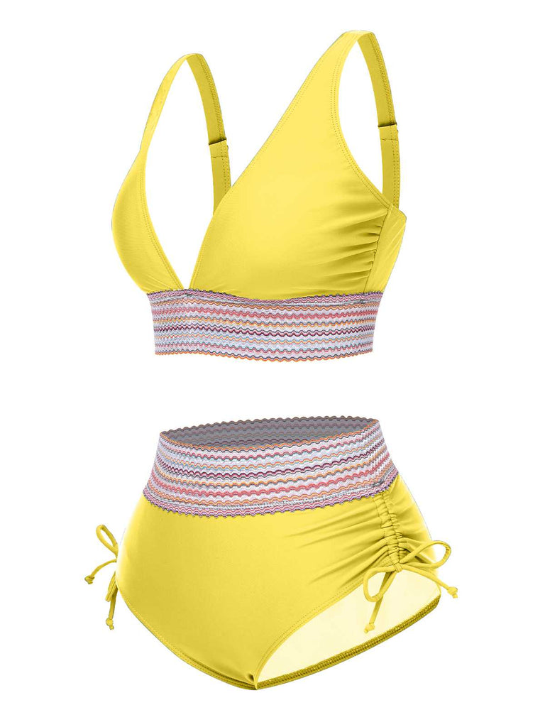 1970er V-Ausschnitt Patchwork Hohe-Taille Bikini