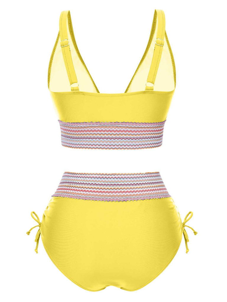 1970er V-Ausschnitt Patchwork Hohe-Taille Bikini