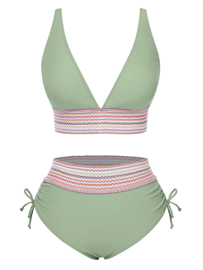 1970er V-Ausschnitt Patchwork Hohe-Taille Bikini