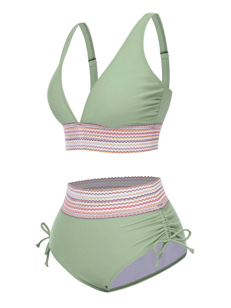 1970er V-Ausschnitt Patchwork Hohe-Taille Bikini