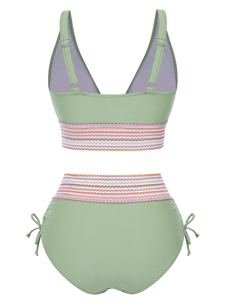 1970er V-Ausschnitt Patchwork Hohe-Taille Bikini