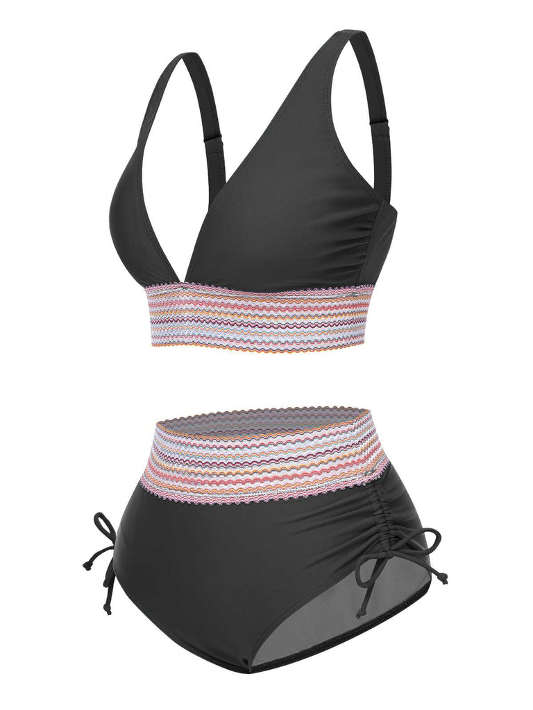 1970er V-Ausschnitt Patchwork Hohe-Taille Bikini