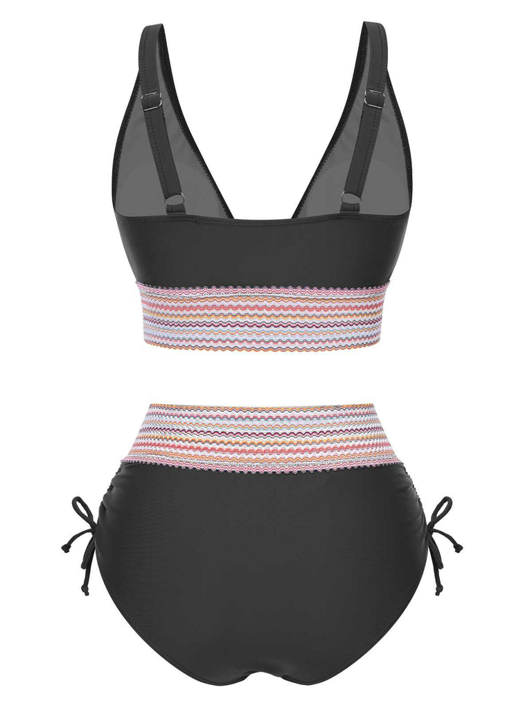 1970er V-Ausschnitt Patchwork Hohe-Taille Bikini