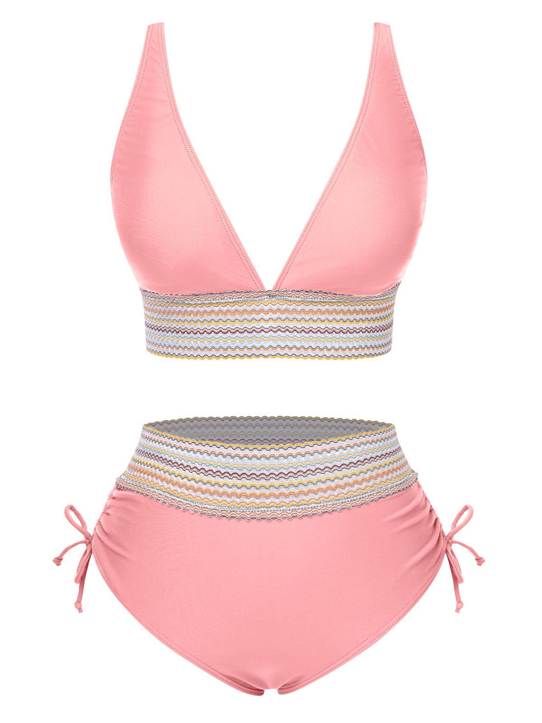 1970er V-Ausschnitt Patchwork Hohe-Taille Bikini