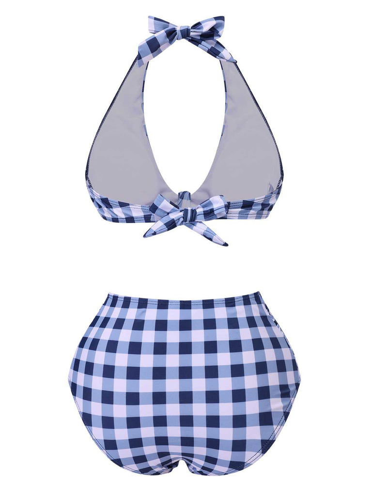 Blau 1950er Halter Hohe-Taille Plaids Badeanzug