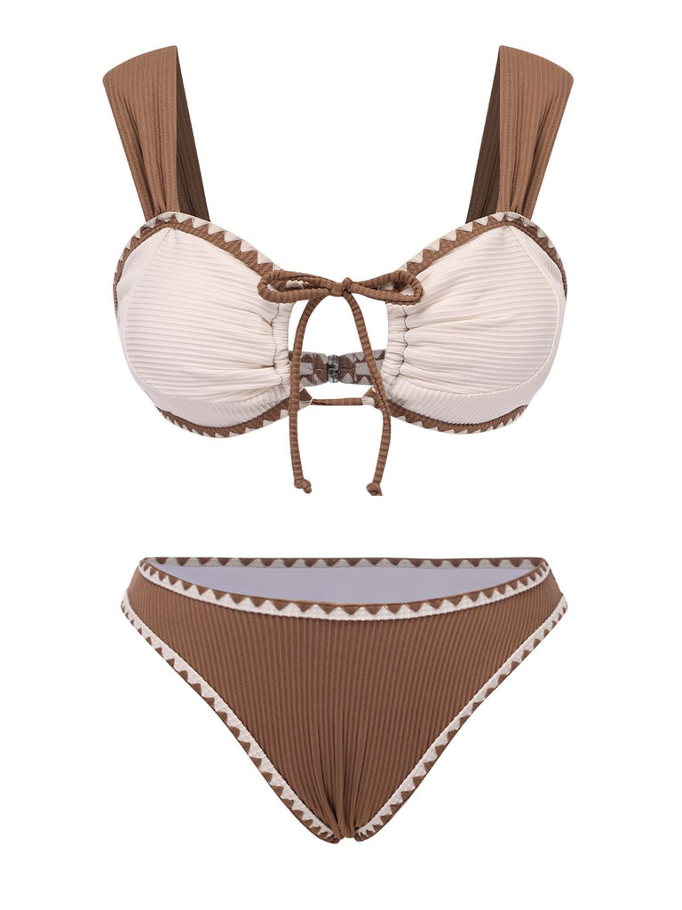 Beige 1960er Solide Breite Träger Badeanzug