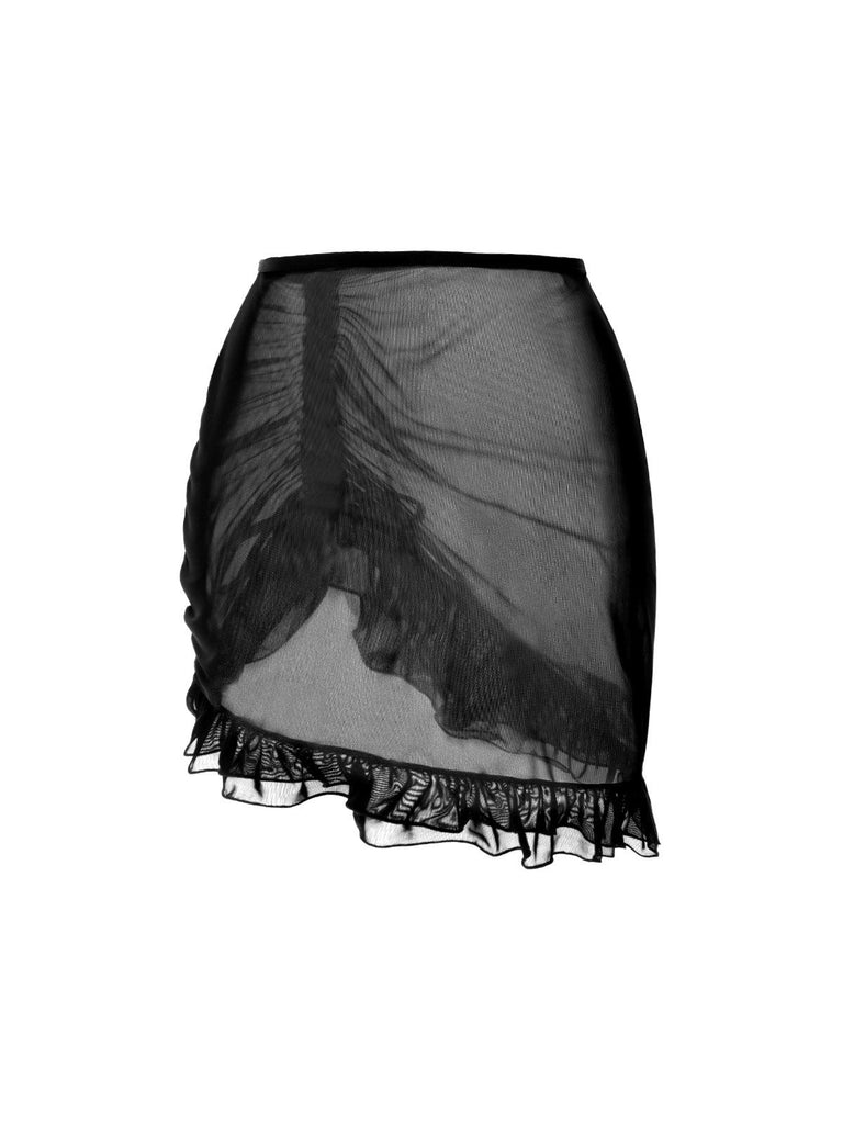 Schwarz 1970er Doppellagig Rüschen Cover-Up