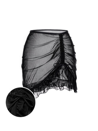 Schwarz 1970er Doppellagig Rüschen Cover-Up