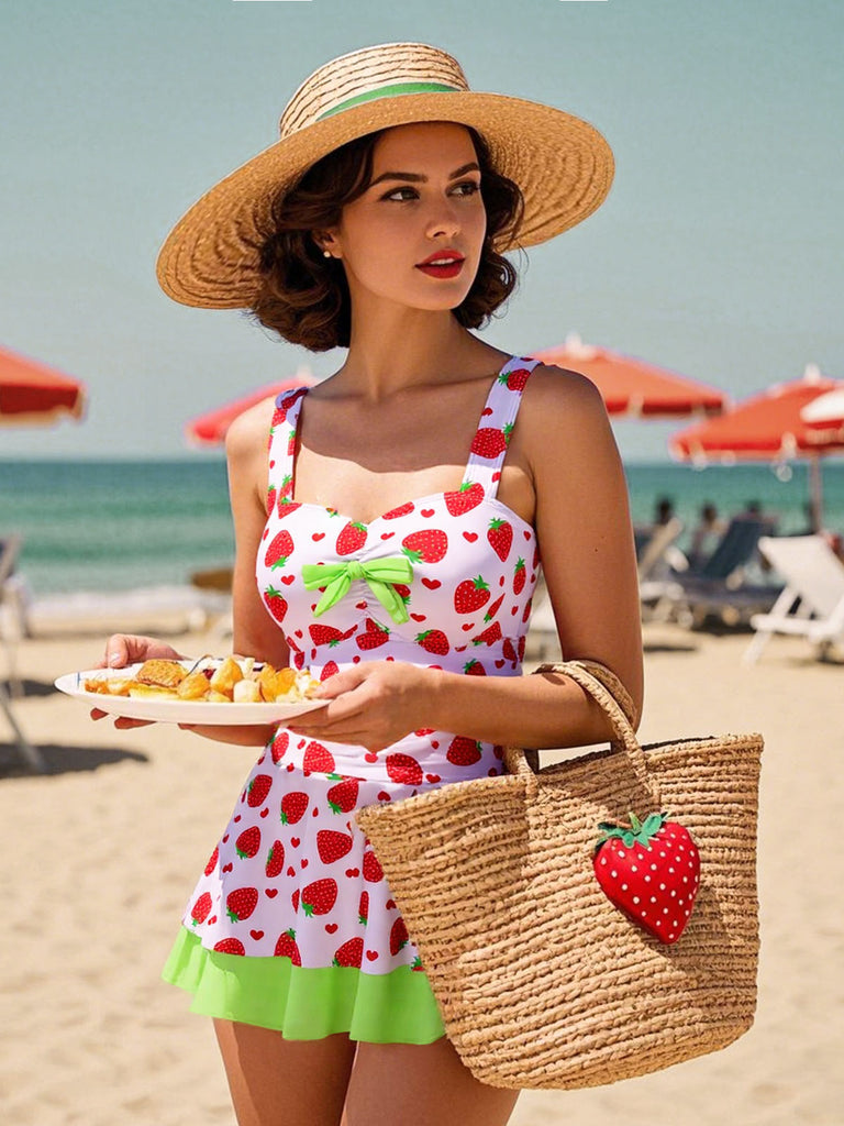 Rot & Grün 1940er Erdbeere Bogen Swim Kleid