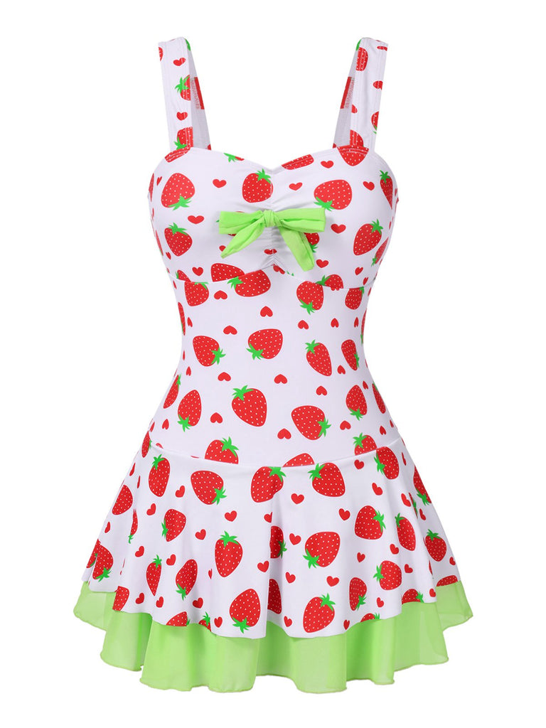 Rot & Grün 1940er Erdbeere Bogen Swim Kleid