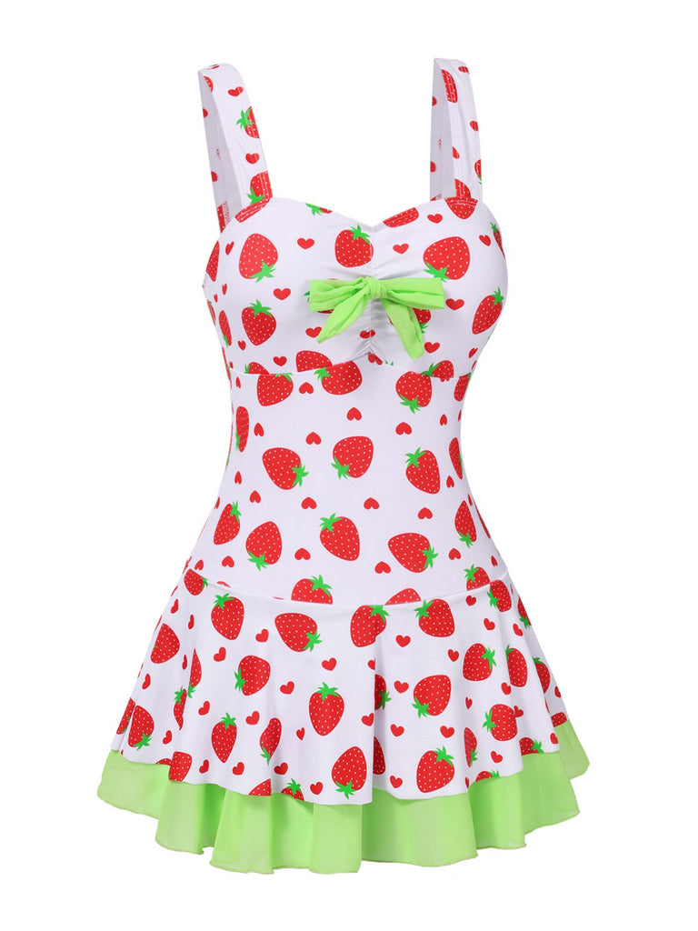 Rot & Grün 1940er Erdbeere Bogen Swim Kleid