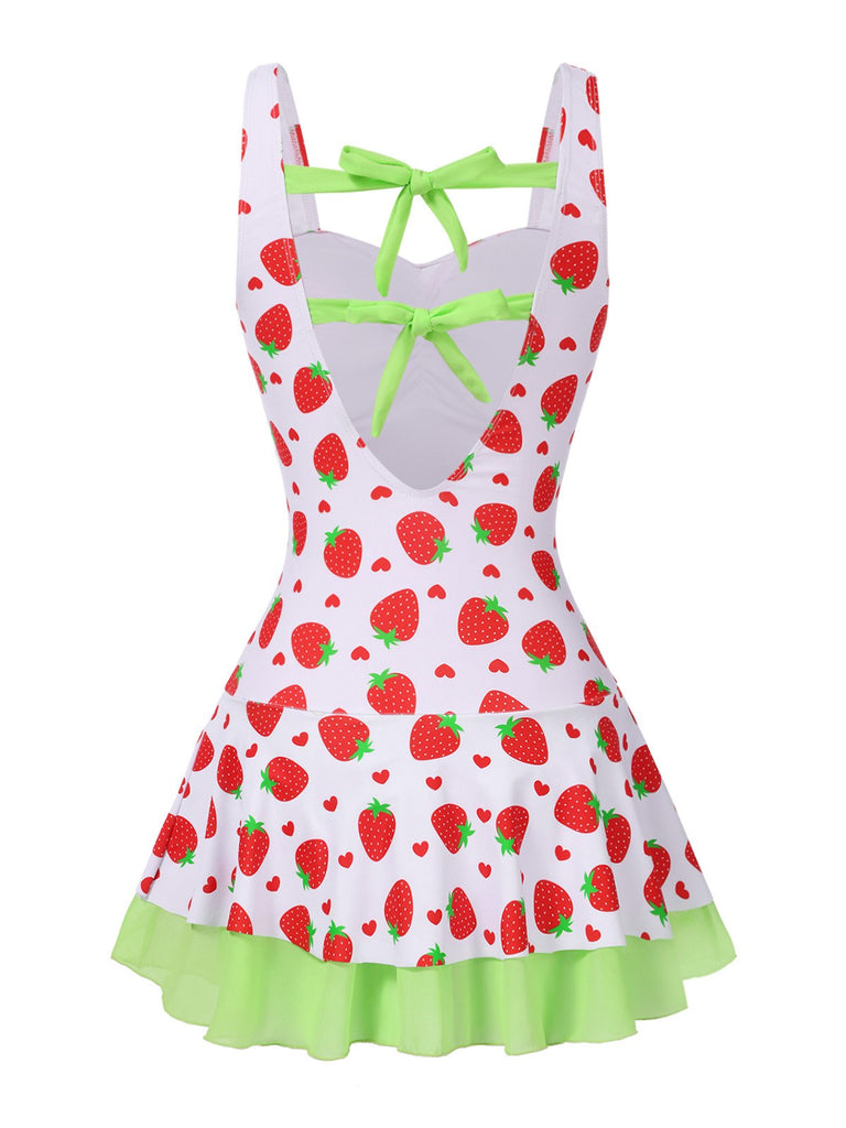 Rot & Grün 1940er Erdbeere Bogen Swim Kleid