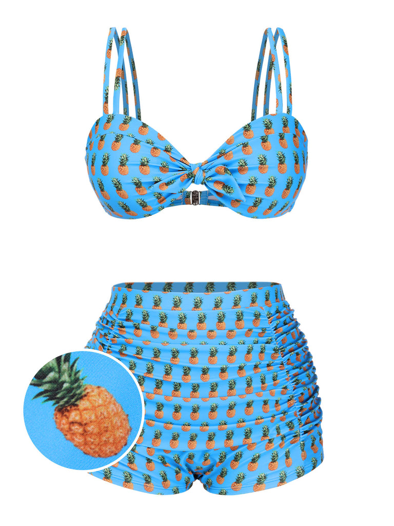 Blau 1950er Ananas Hosenträger Schleife Badeanzug