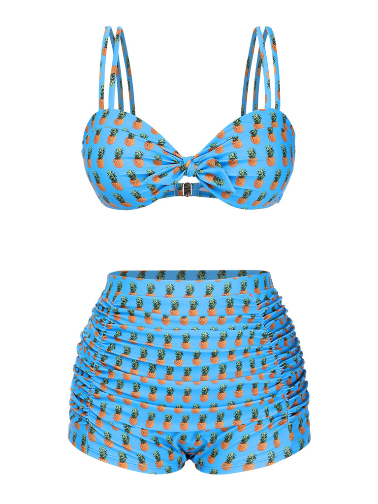 Blau 1950er Ananas Hosenträger Schleife Badeanzug