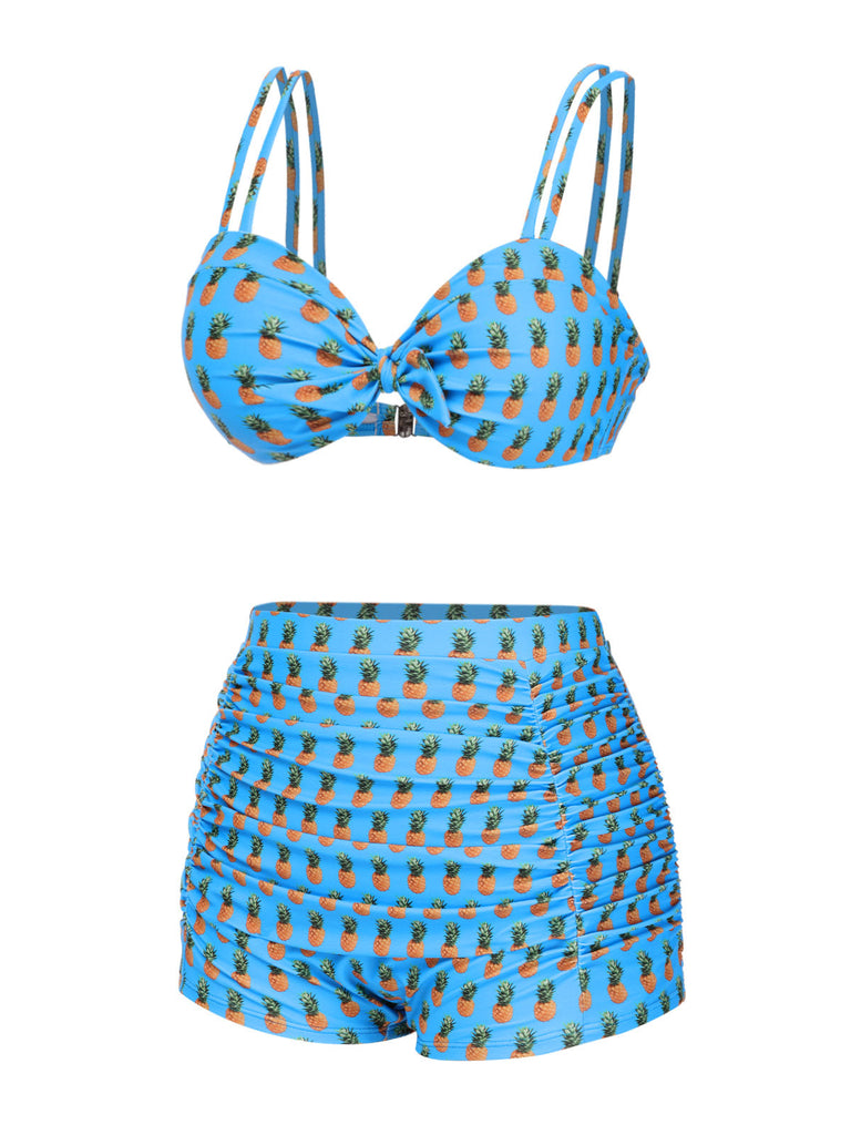 Blau 1950er Ananas Hosenträger Schleife Badeanzug