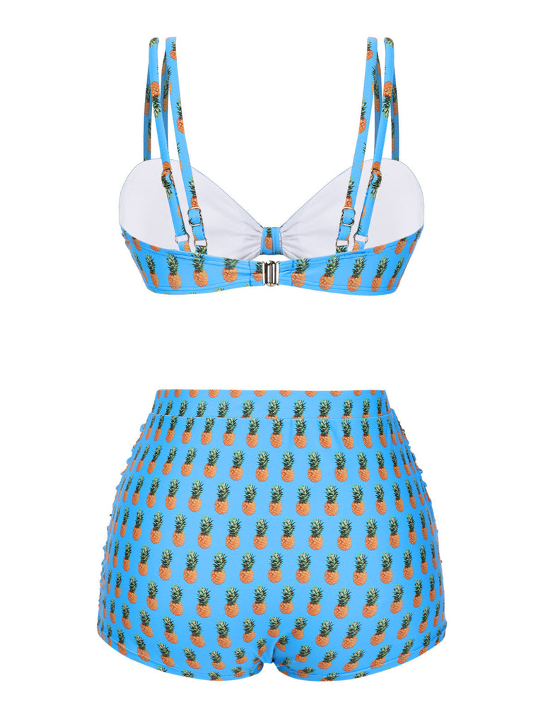 Blau 1950er Ananas Hosenträger Schleife Badeanzug