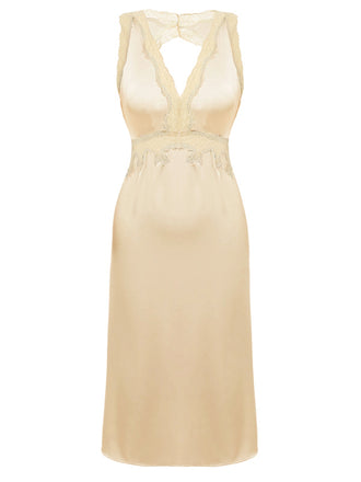 Beige 1950er Spitze Rückenfrei V-Ausschnitt Satin Nachtwäsche