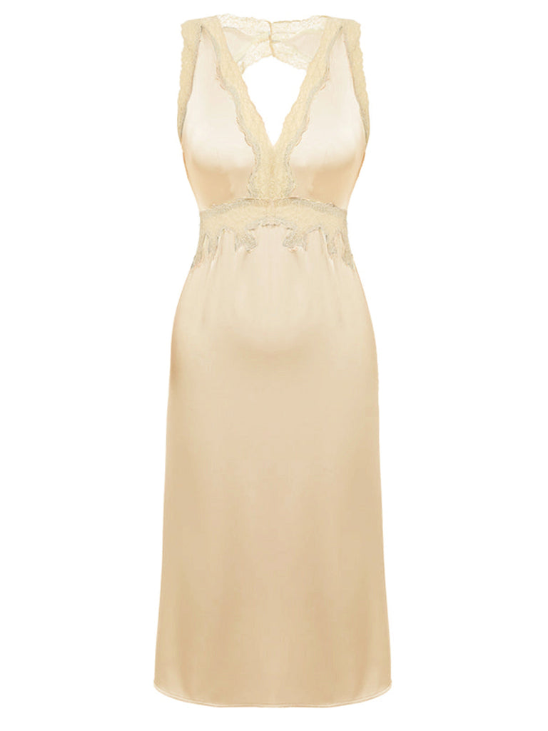 [Vorverkauf] Schwarz 1950er Spitze Rückenfrei V-Ausschnitt Satin Nachtwäsche