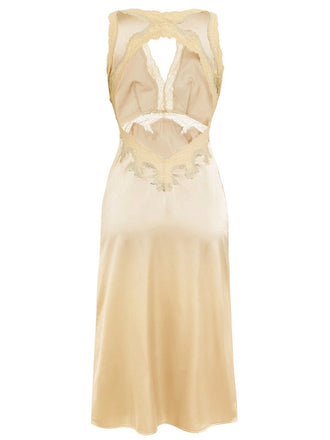 Beige 1950er Spitze Rückenfrei V-Ausschnitt Satin Nachtwäsche