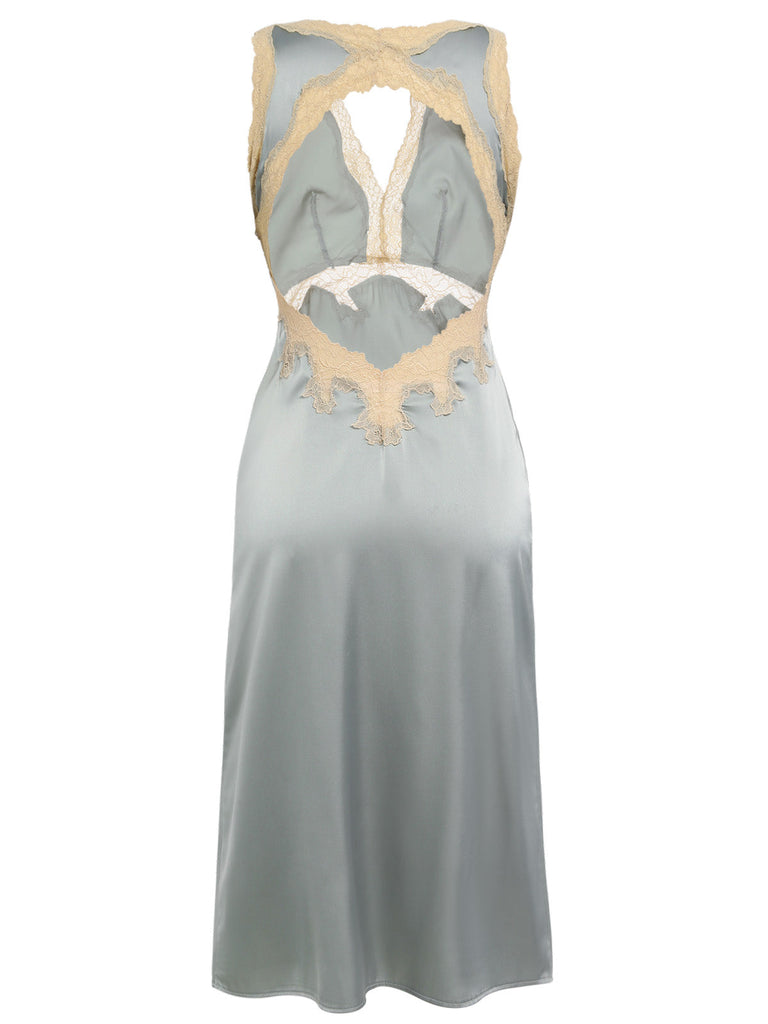 Beige 1950er Spitze Rückenfrei V-Ausschnitt Satin Nachtwäsche