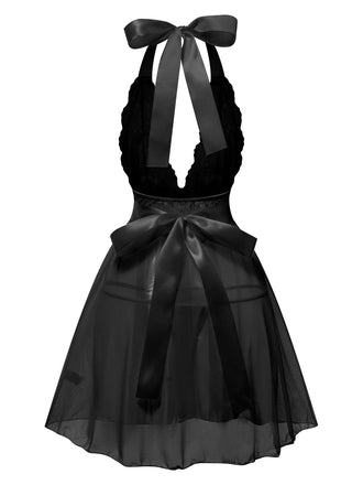 Schwarz 1950er V-Ausschnitt Halter Spitze Transparenter Nachthemden