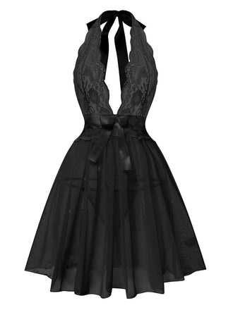 Schwarz 1950er V-Ausschnitt Halter Spitze Transparenter Nachthemden